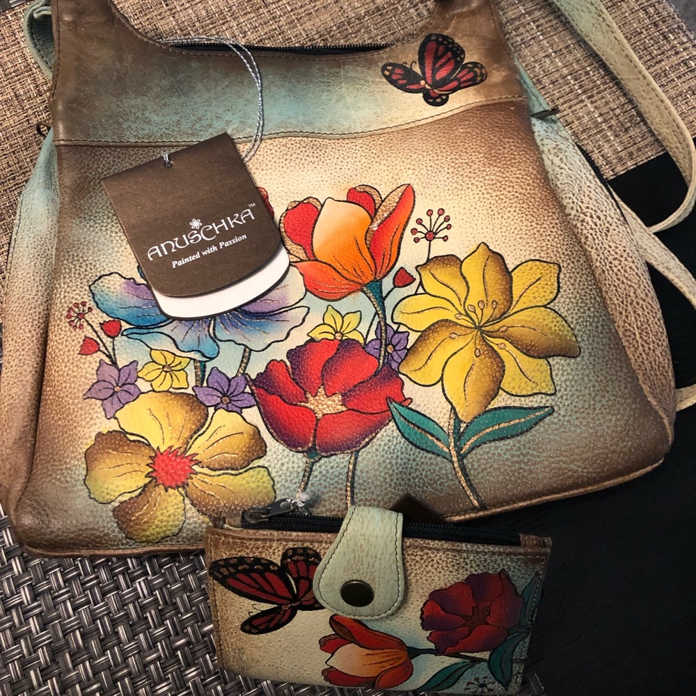 Genuine Leather Hand Painted Purse & Wallet NWT